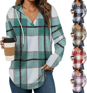 Blouses for Women Dressy Casual Plaid Shirts V Neck Hooded Sweatshirt Drawstring Hoodie Long Sleeve Pullover Tops