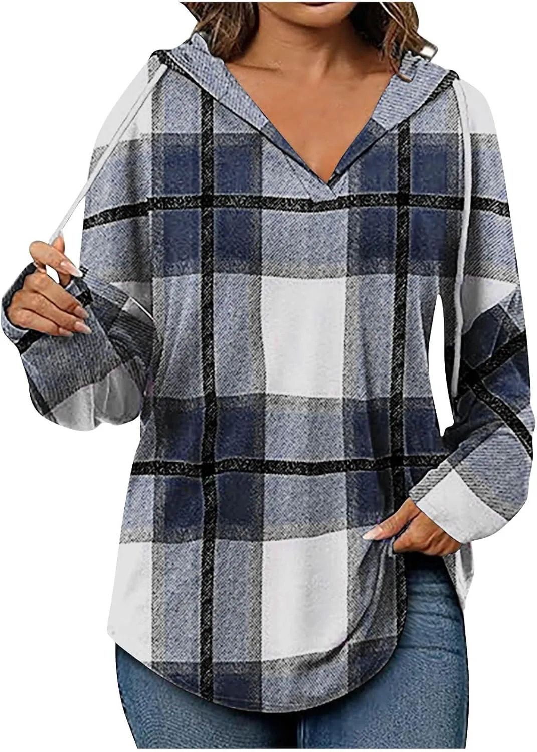 Blouses for Women Dressy Casual Plaid Shirts V Neck Hooded Sweatshirt Drawstring Hoodie Long Sleeve Pullover Tops