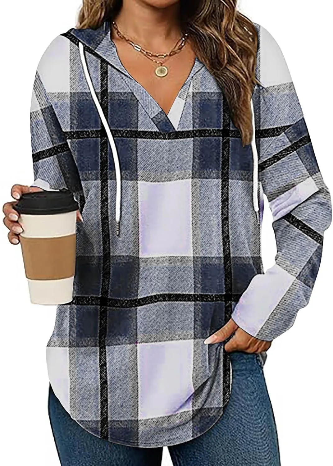 Blouses for Women Dressy Casual Plaid Shirts V Neck Hooded Sweatshirt Drawstring Hoodie Long Sleeve Pullover Tops