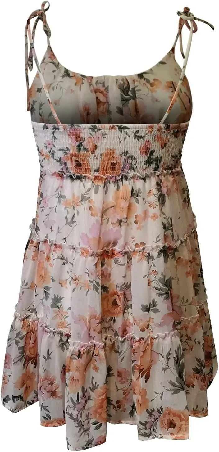 Boho Dresses for Women 2025 Summer Sexy Flowy Chiffon Floral Plus Size Spaghetti Strap Backless Sleeveless Mini Dress