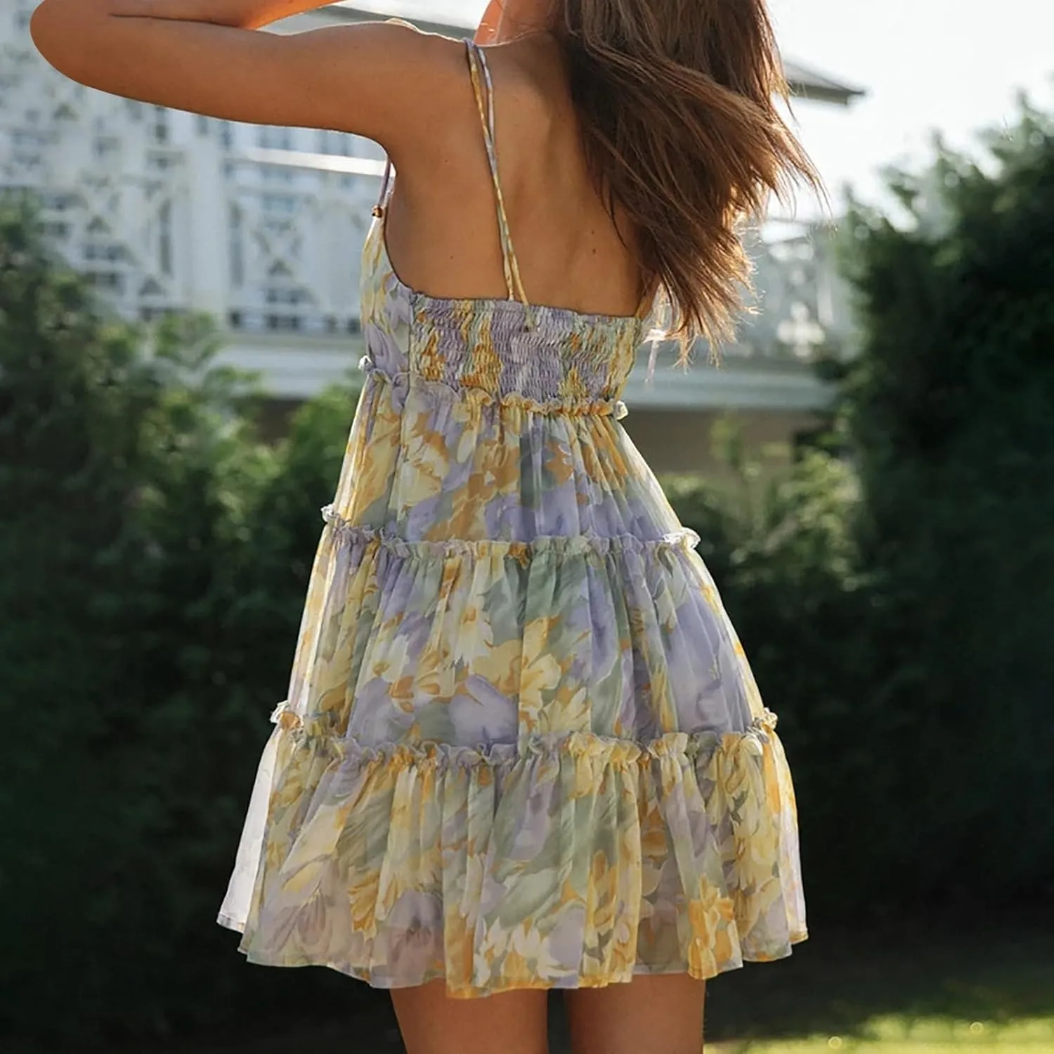 Boho Dresses for Women 2025 Summer Sexy Flowy Chiffon Floral Plus Size Spaghetti Strap Backless Sleeveless Mini Dress