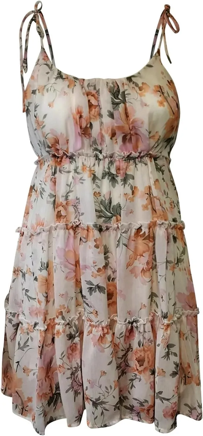 Boho Dresses for Women 2025 Summer Sexy Flowy Chiffon Floral Plus Size Spaghetti Strap Backless Sleeveless Mini Dress