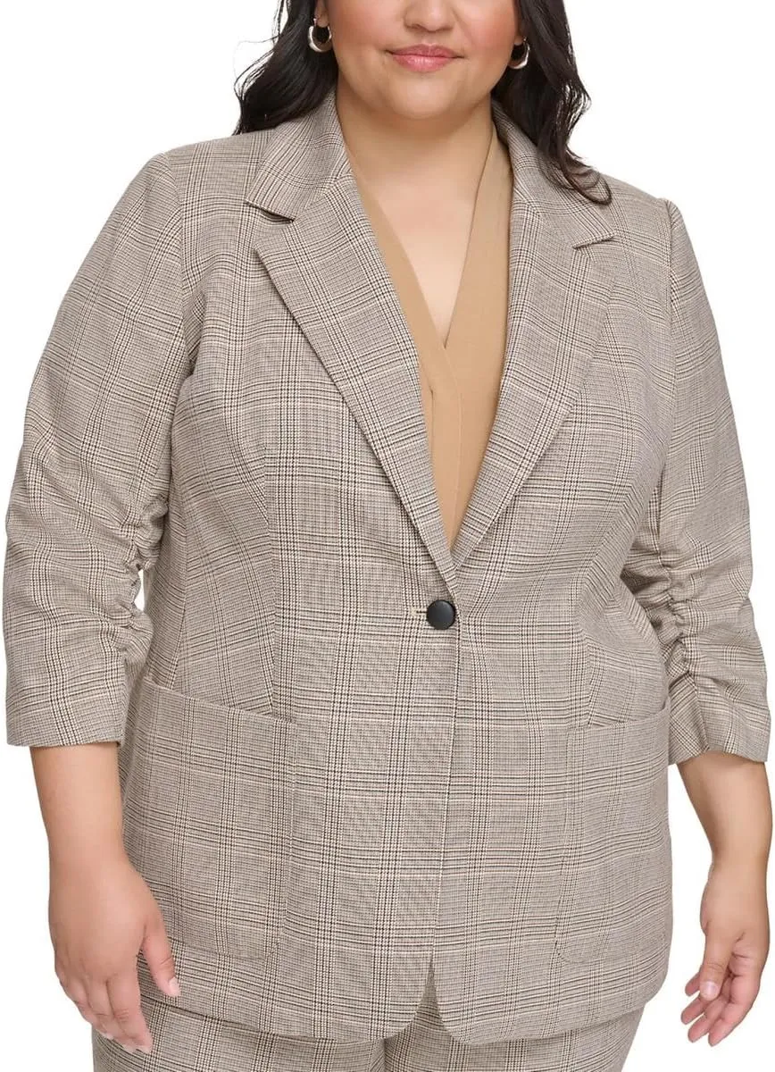 Calvin Klein Womens Plus Houndstooth Suit Separate One-Button Blazer Tan 22W