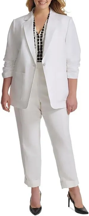 Calvin Klein Womens Plus Ruched Linen One-Button Blazer White 16W