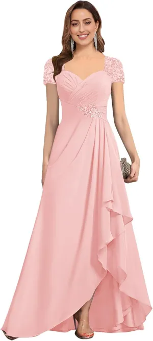 Cap Sleeve Chiffon Mother of The Bride Dresses for Women Sweetheat Lace Long Evening Formal Dress with Ruffles