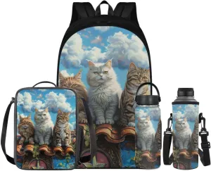 Cat Kids Backpack with Lunch Box Insulated Water Bottle Water Bottle Carrier Set of 4 Girls' Bookbags Daypack for Back-to-School Outdoor Sports Travel