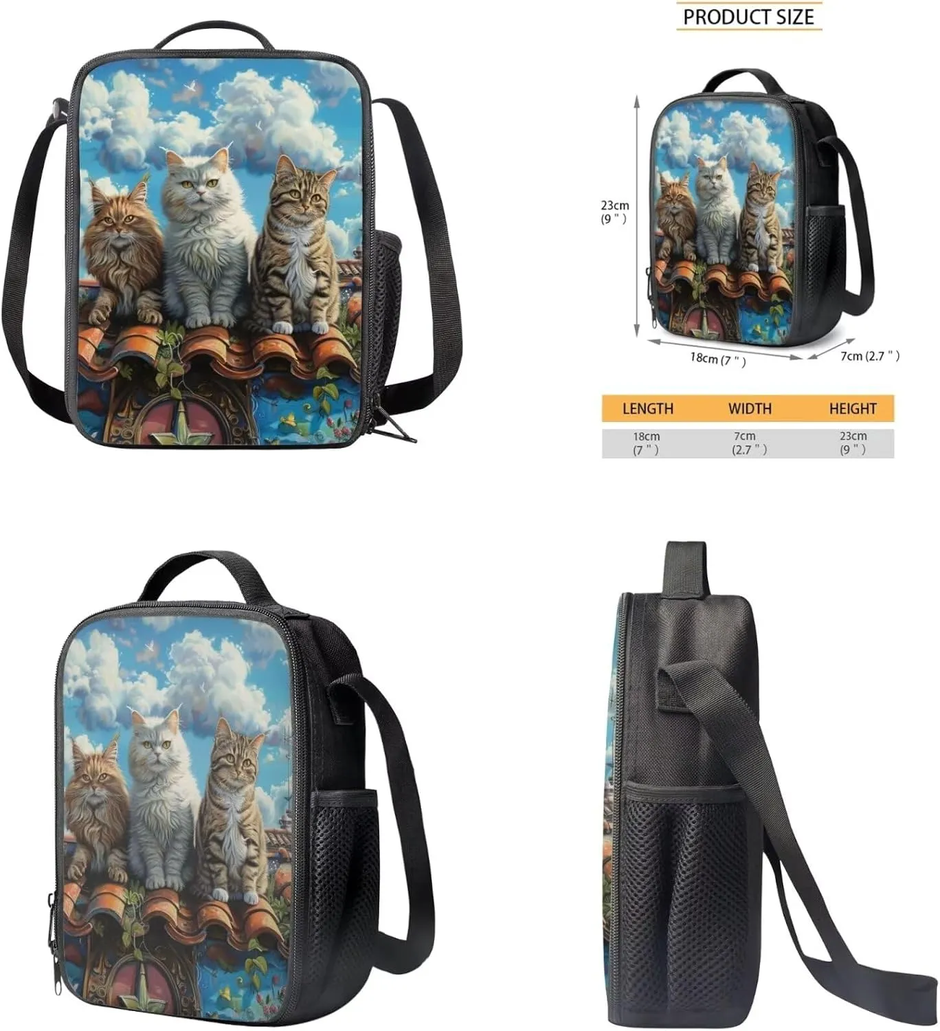 Cat Kids Backpack with Lunch Box Insulated Water Bottle Water Bottle Carrier Set of 4 Girls' Bookbags Daypack for Back-to-School Outdoor Sports Travel