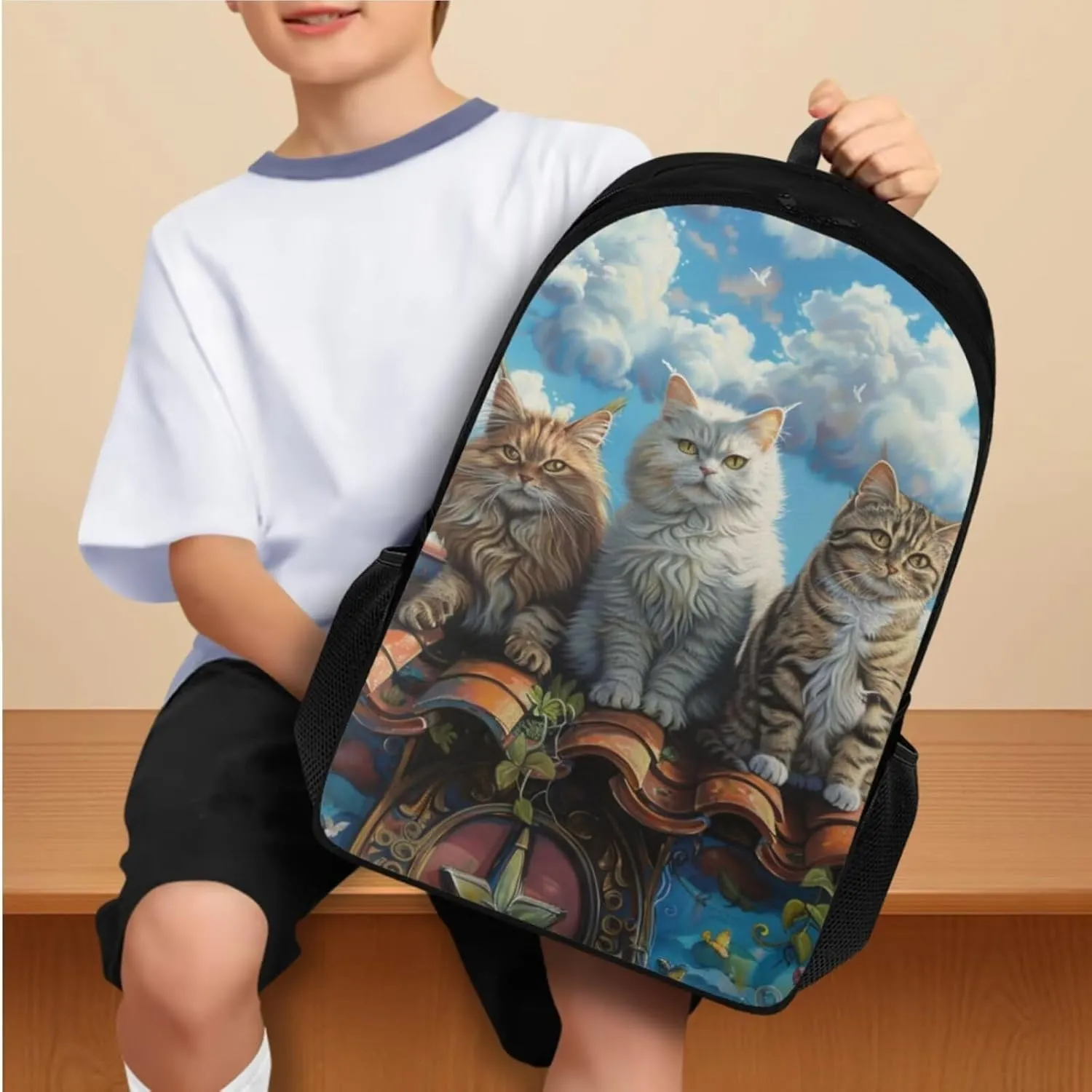 Cat Kids Backpack with Lunch Box Insulated Water Bottle Water Bottle Carrier Set of 4 Girls' Bookbags Daypack for Back-to-School Outdoor Sports Travel