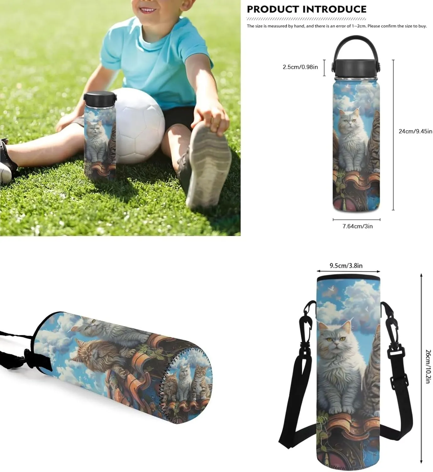 Cat Kids Backpack with Lunch Box Insulated Water Bottle Water Bottle Carrier Set of 4 Girls' Bookbags Daypack for Back-to-School Outdoor Sports Travel