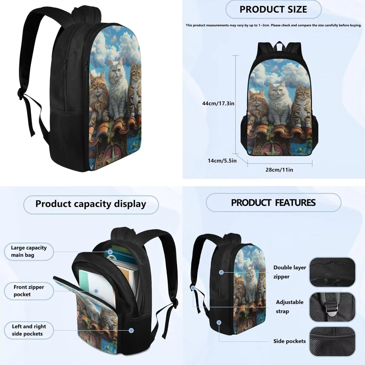 Cat Kids Backpack with Lunch Box Insulated Water Bottle Water Bottle Carrier Set of 4 Girls' Bookbags Daypack for Back-to-School Outdoor Sports Travel