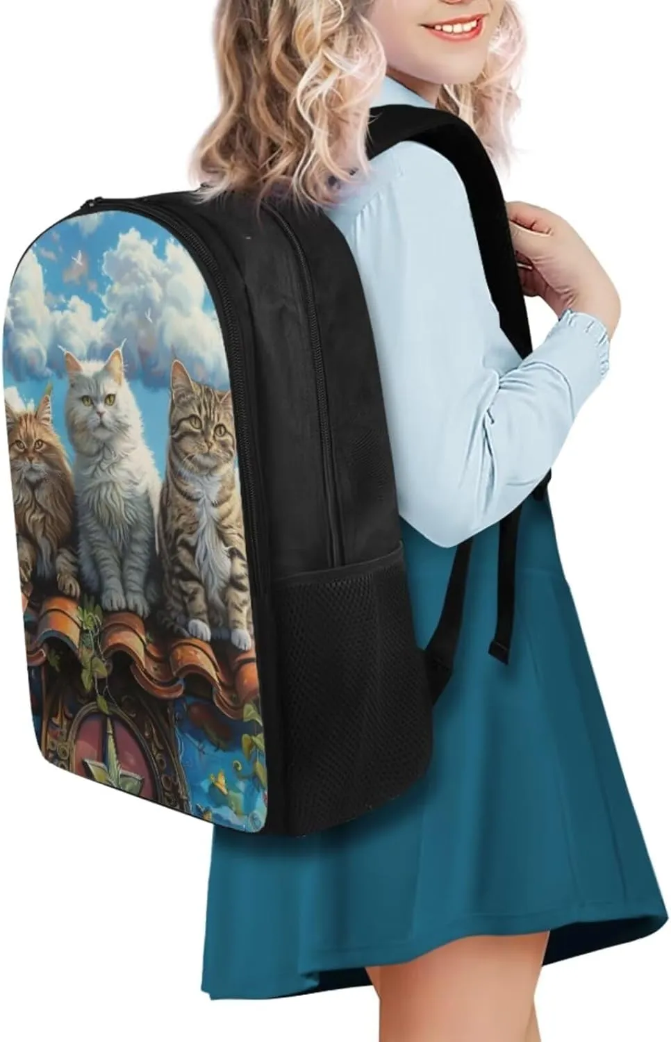 Cat Kids Backpack with Lunch Box Insulated Water Bottle Water Bottle Carrier Set of 4 Girls' Bookbags Daypack for Back-to-School Outdoor Sports Travel