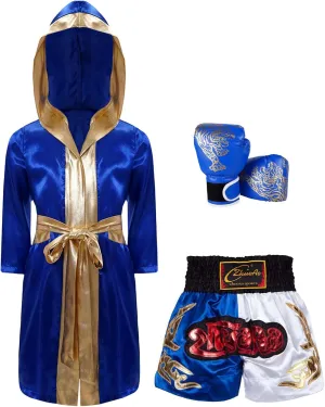 CHICTRY Kids Boys 4 Pcs Boxing Kickboxing Outfits Hooded Cloak Belt Robe with Muay Thai Shorts and Gloves Set