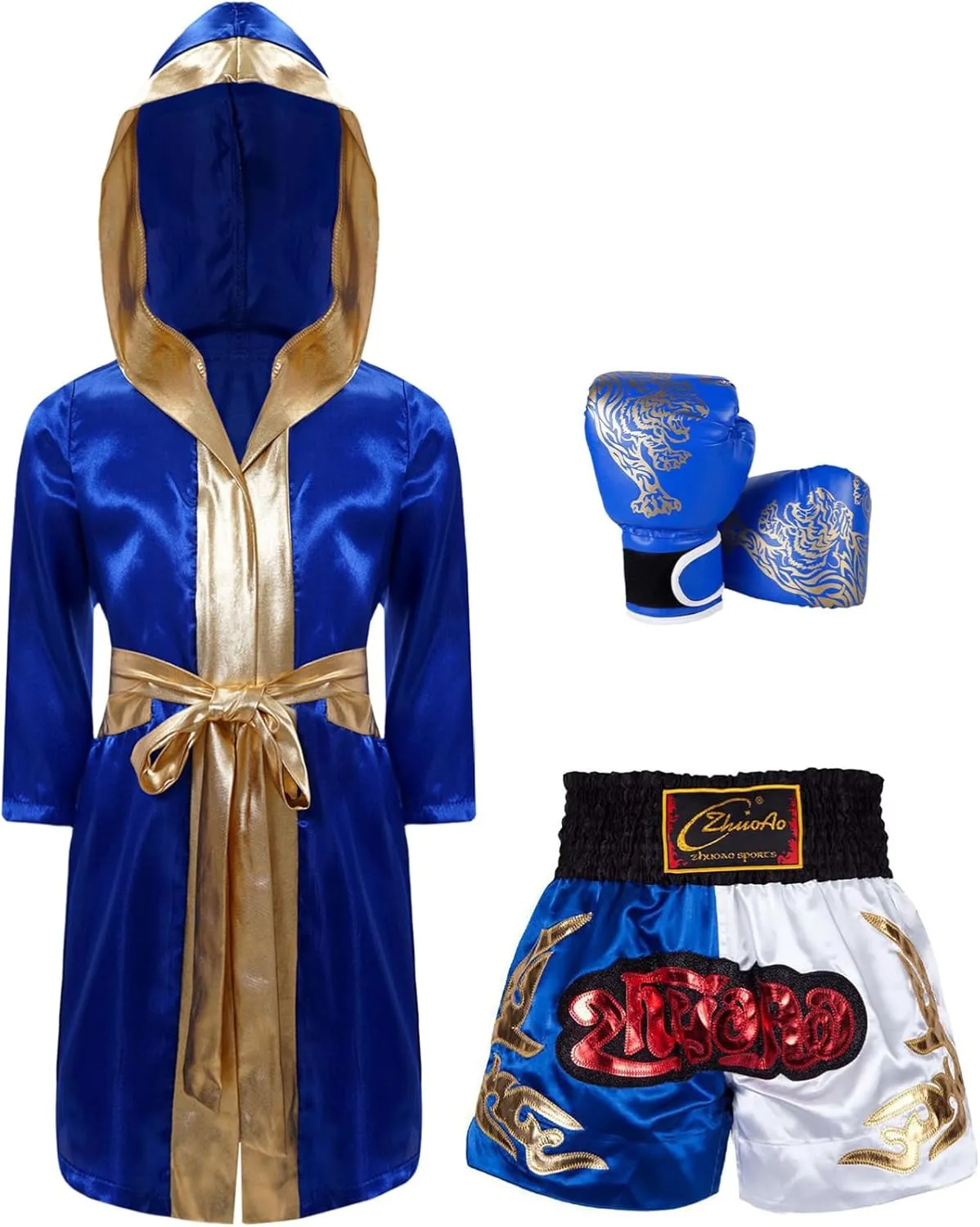 CHICTRY Kids Boys 4 Pcs Boxing Kickboxing Outfits Hooded Cloak Belt Robe with Muay Thai Shorts and Gloves Set