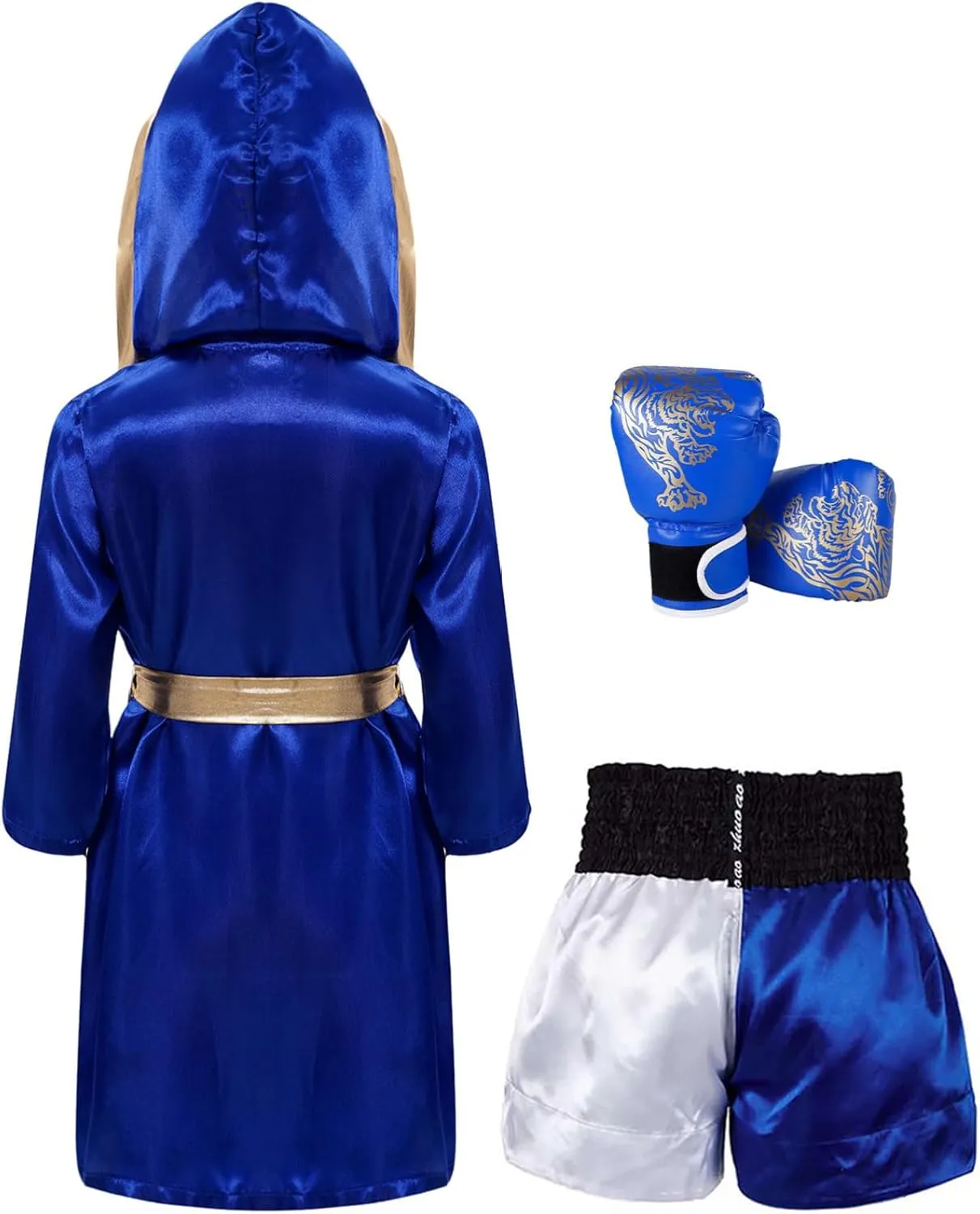 CHICTRY Kids Boys 4 Pcs Boxing Kickboxing Outfits Hooded Cloak Belt Robe with Muay Thai Shorts and Gloves Set