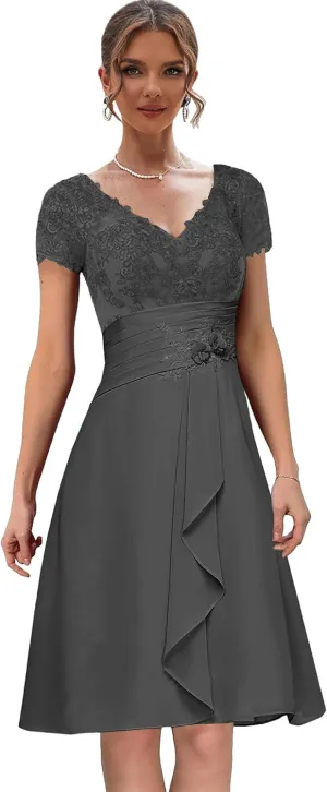 Chiffon Lace Mother of The Bride Dresses with Sleeves Ruffle Short Evening Gown V Neck Formal Dress for Wedding