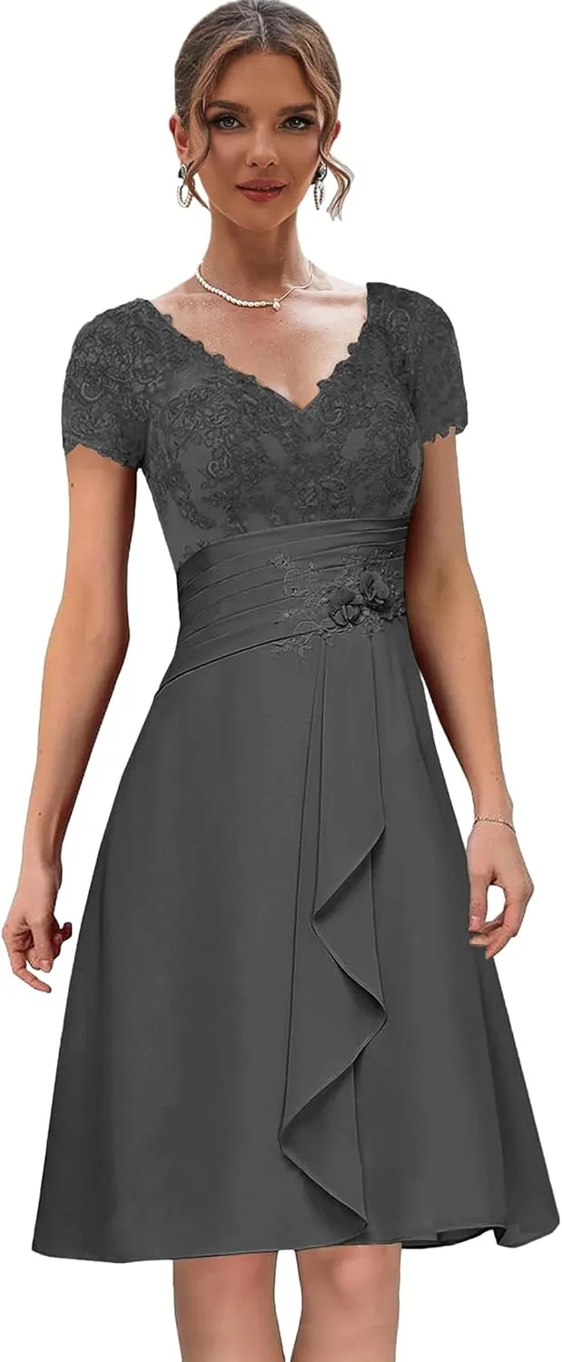 Chiffon Lace Mother of The Bride Dresses with Sleeves Ruffle Short Evening Gown V Neck Formal Dress for Wedding
