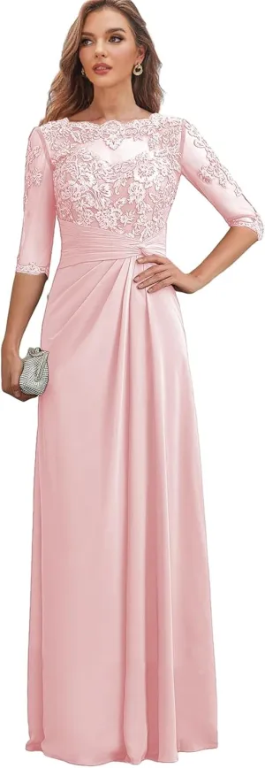 Chiffon Long Mother of The Bride Dresses for Women Lace Appliques Formal Evening Dress with Sleeves