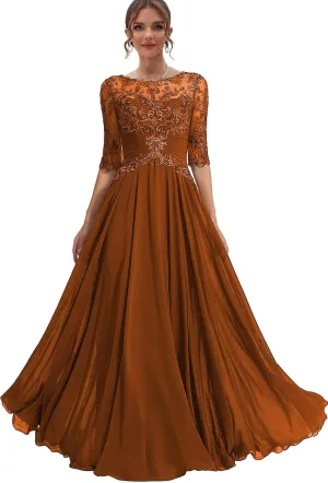 Chiffon Mother of The Bride Dresses for Women Lace Formal Dress with Half Sleeve Long Evening Gown