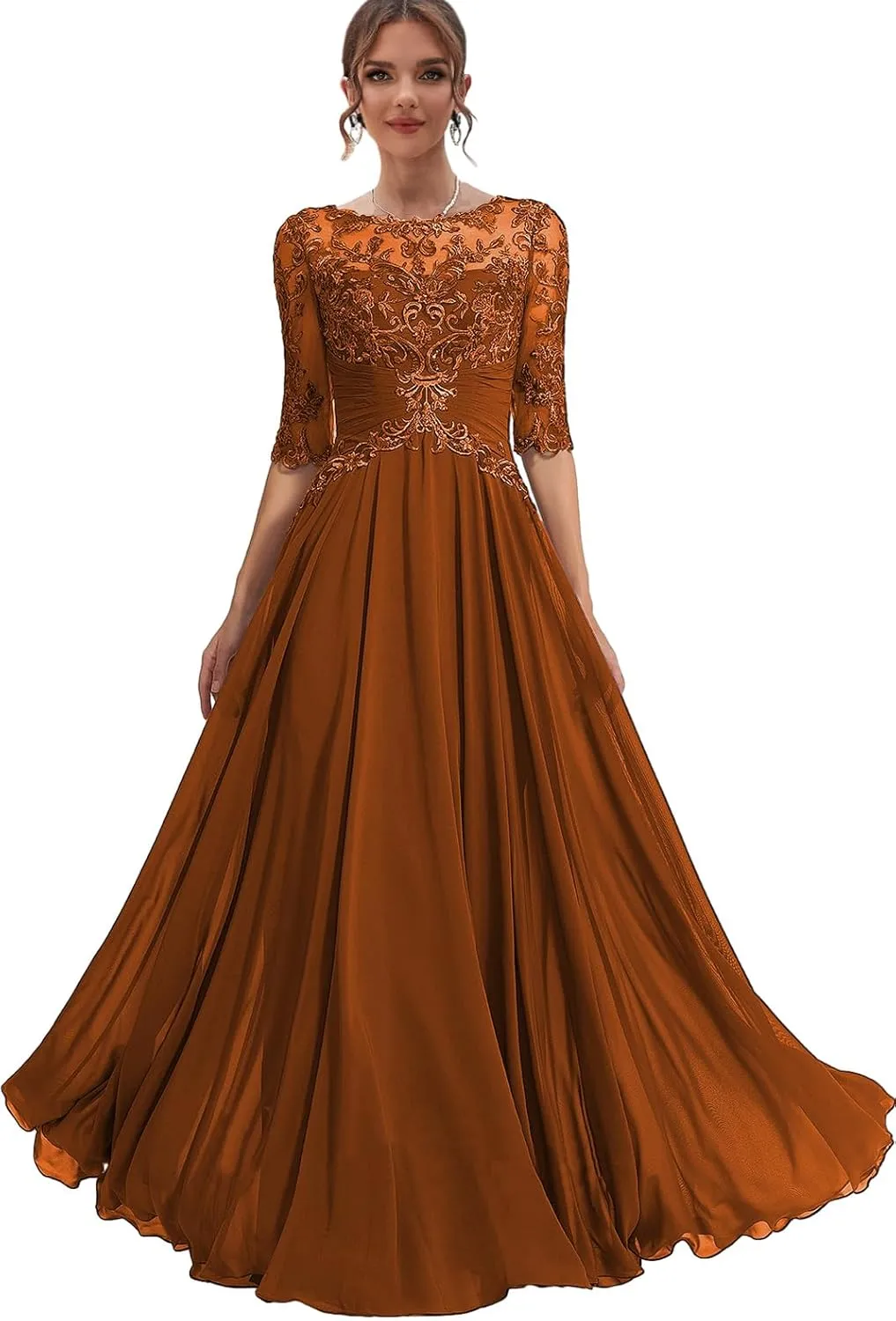Chiffon Mother of The Bride Dresses for Women Lace Formal Dress with Half Sleeve Long Evening Gown
