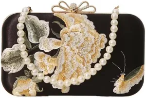 Chinese Embroidered Evening Clutch Peony Embroidered Evening Bag Clutches Banquet Handbag Elegant Pearl Handle