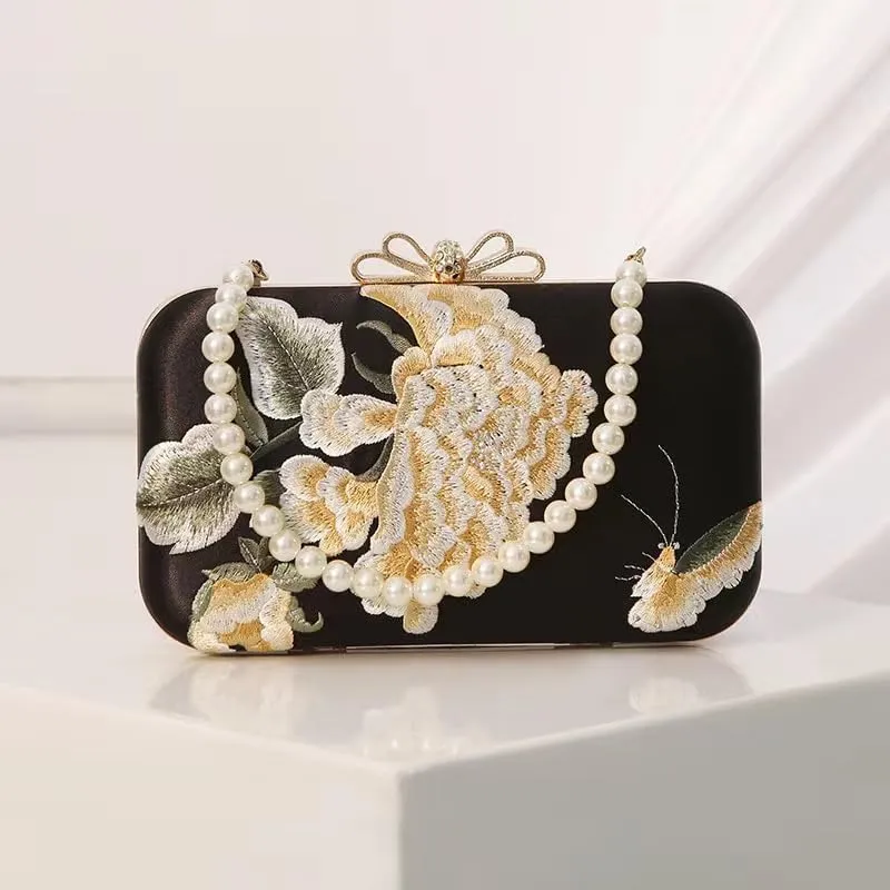 Chinese Embroidered Evening Clutch Peony Embroidered Evening Bag Clutches Banquet Handbag Elegant Pearl Handle