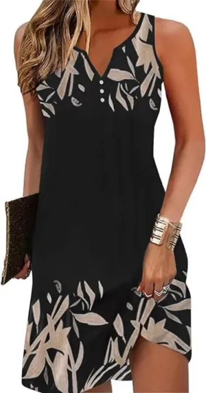Chvity Womens Boho Dress Summer V Neck Sleeveless Dresses Ethnic Floral Print Sundress Mini Dress