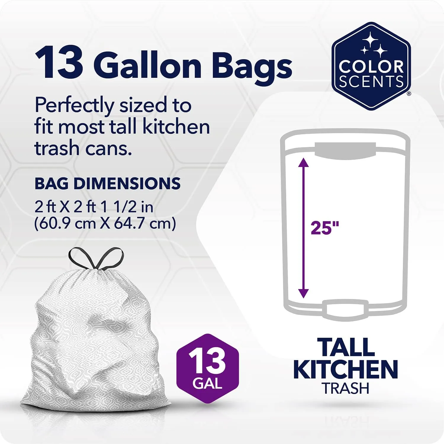 Color Scents Tall Kitchen Trash Bags - 13 Gallon, 100 Bags (1 Pack of 100 Count), Drawstring - White bag in Lavender   Sage Scent with Microban
