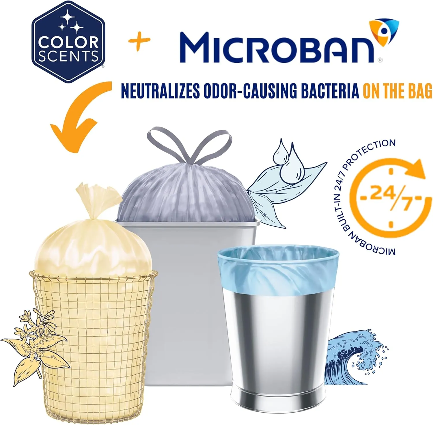 Color Scents Tall Kitchen Trash Bags - 13 Gallon, 100 Bags (1 Pack of 100 Count), Drawstring - White bag in Lavender   Sage Scent with Microban