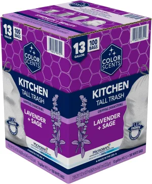 Color Scents Tall Kitchen Trash Bags - 13 Gallon, 100 Bags (1 Pack of 100 Count), Drawstring - White bag in Lavender   Sage Scent with Microban