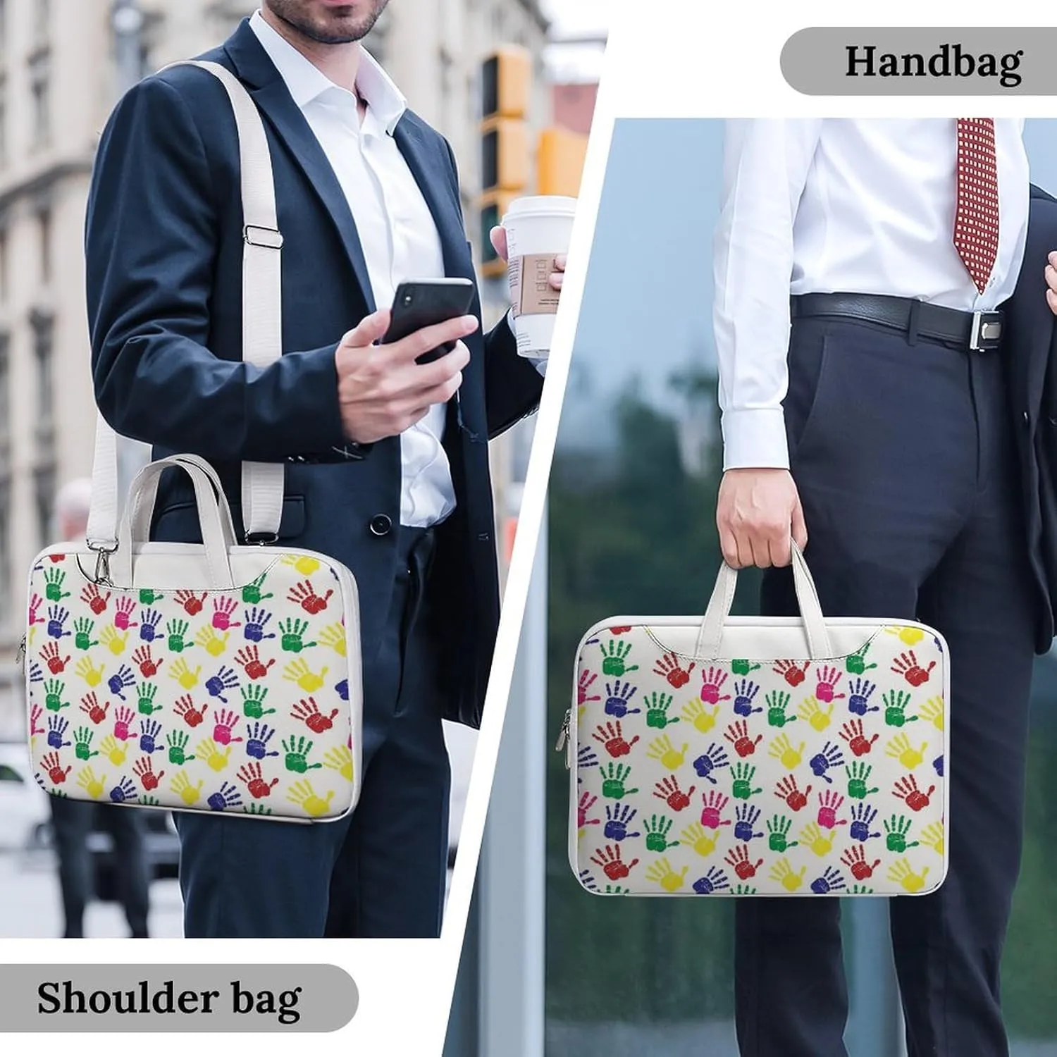 Colorful Hand Print Leather Bag Laptop Case Slim Water Resistant Computer Bags with Handle Briefcase for Work