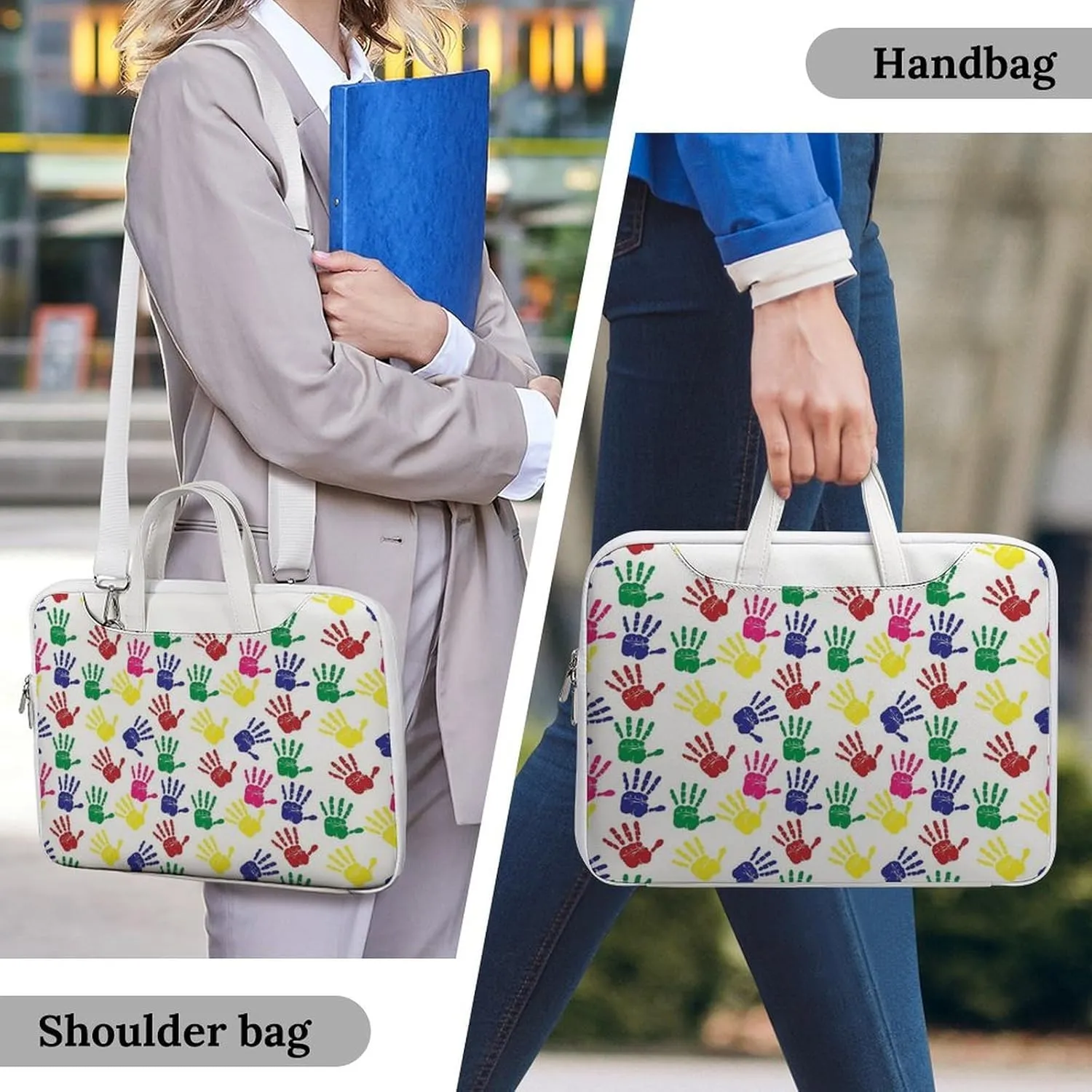 Colorful Hand Print Leather Bag Laptop Case Slim Water Resistant Computer Bags with Handle Briefcase for Work