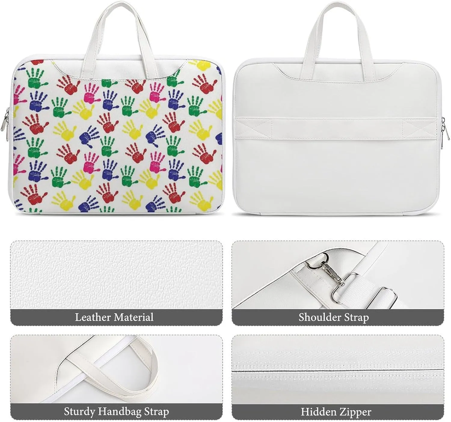 Colorful Hand Print Leather Bag Laptop Case Slim Water Resistant Computer Bags with Handle Briefcase for Work