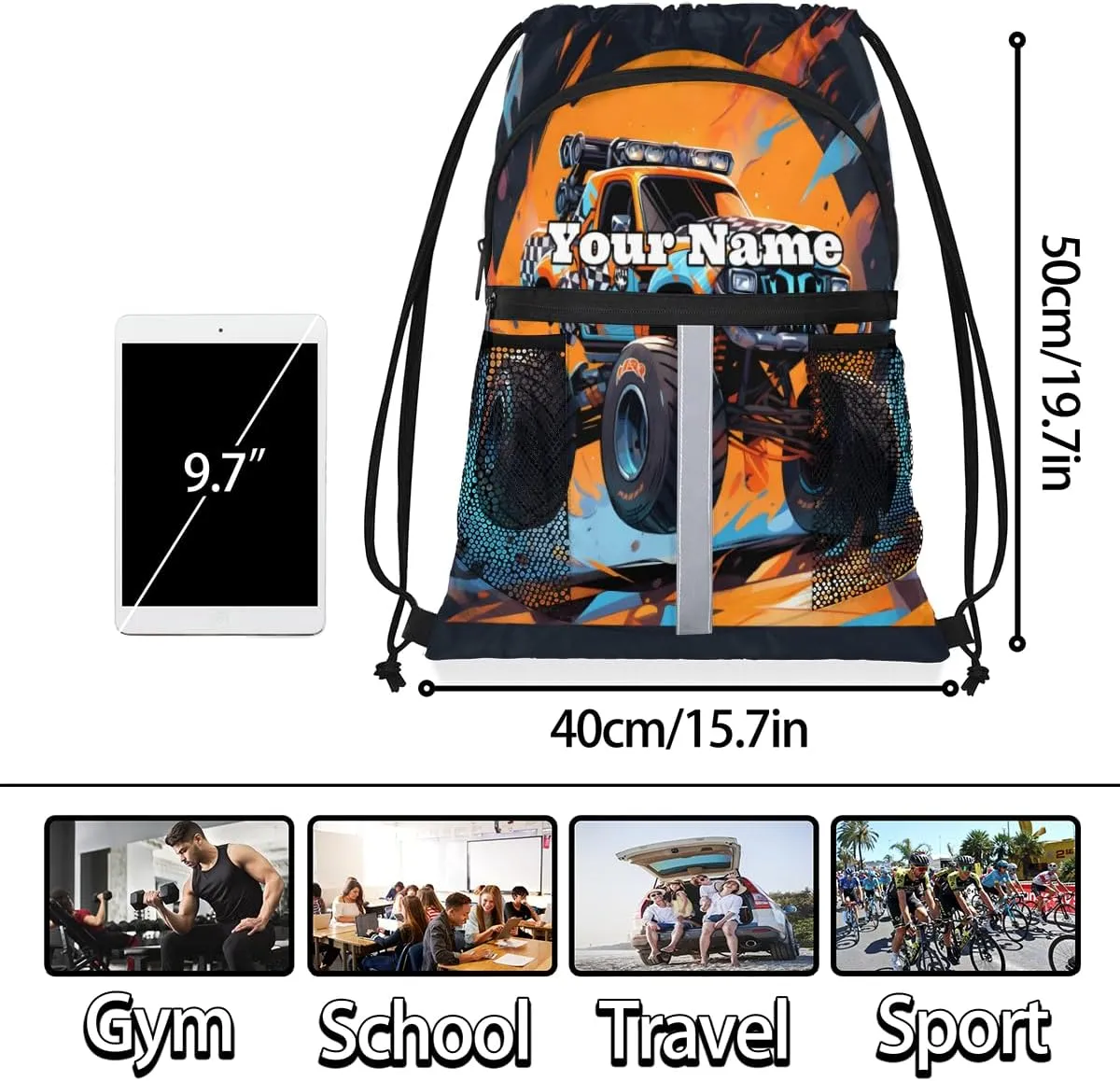 Cool Truck Monster Custom Drawstring Backpack Personalized Dance Bags Lightweight Backpacks for Men Women Adults Mini Gym Sports Swim Travel Drawstring Bag