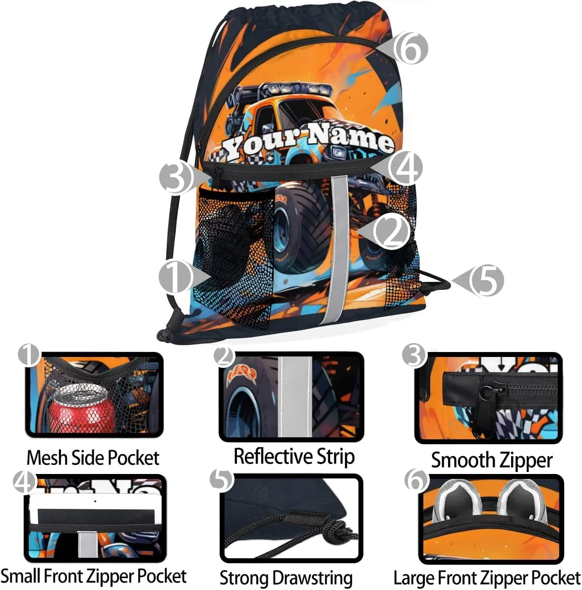 Cool Truck Monster Custom Drawstring Backpack Personalized Dance Bags Lightweight Backpacks for Men Women Adults Mini Gym Sports Swim Travel Drawstring Bag