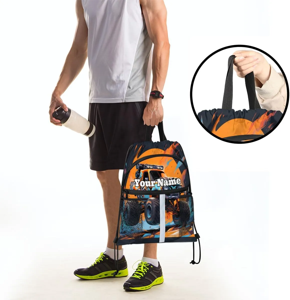 Cool Truck Monster Custom Drawstring Backpack Personalized Dance Bags Lightweight Backpacks for Men Women Adults Mini Gym Sports Swim Travel Drawstring Bag