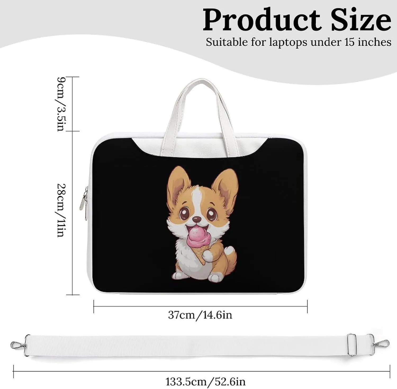 Corgi Puppy Eating Ice-cream Leather Bag Laptop Case Slim Water Resistant Computer Bags with Handle Briefcase for Work