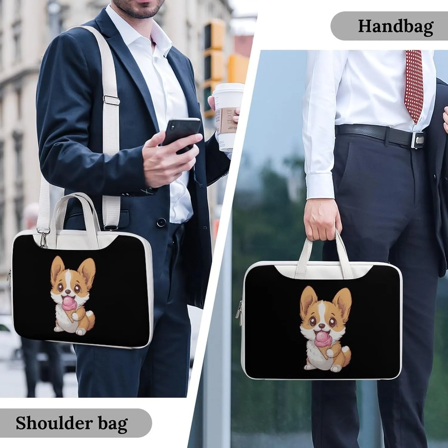 Corgi Puppy Eating Ice-cream Leather Bag Laptop Case Slim Water Resistant Computer Bags with Handle Briefcase for Work
