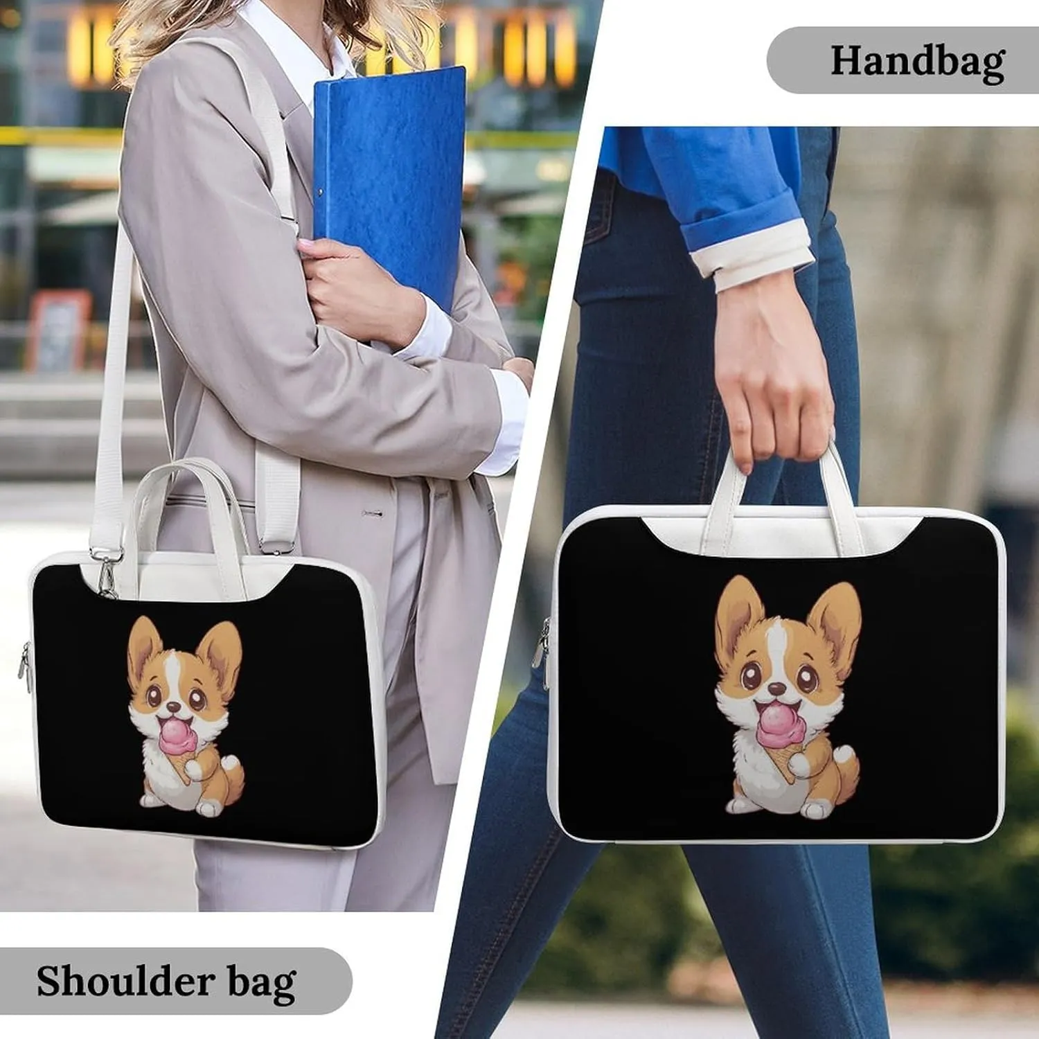 Corgi Puppy Eating Ice-cream Leather Bag Laptop Case Slim Water Resistant Computer Bags with Handle Briefcase for Work