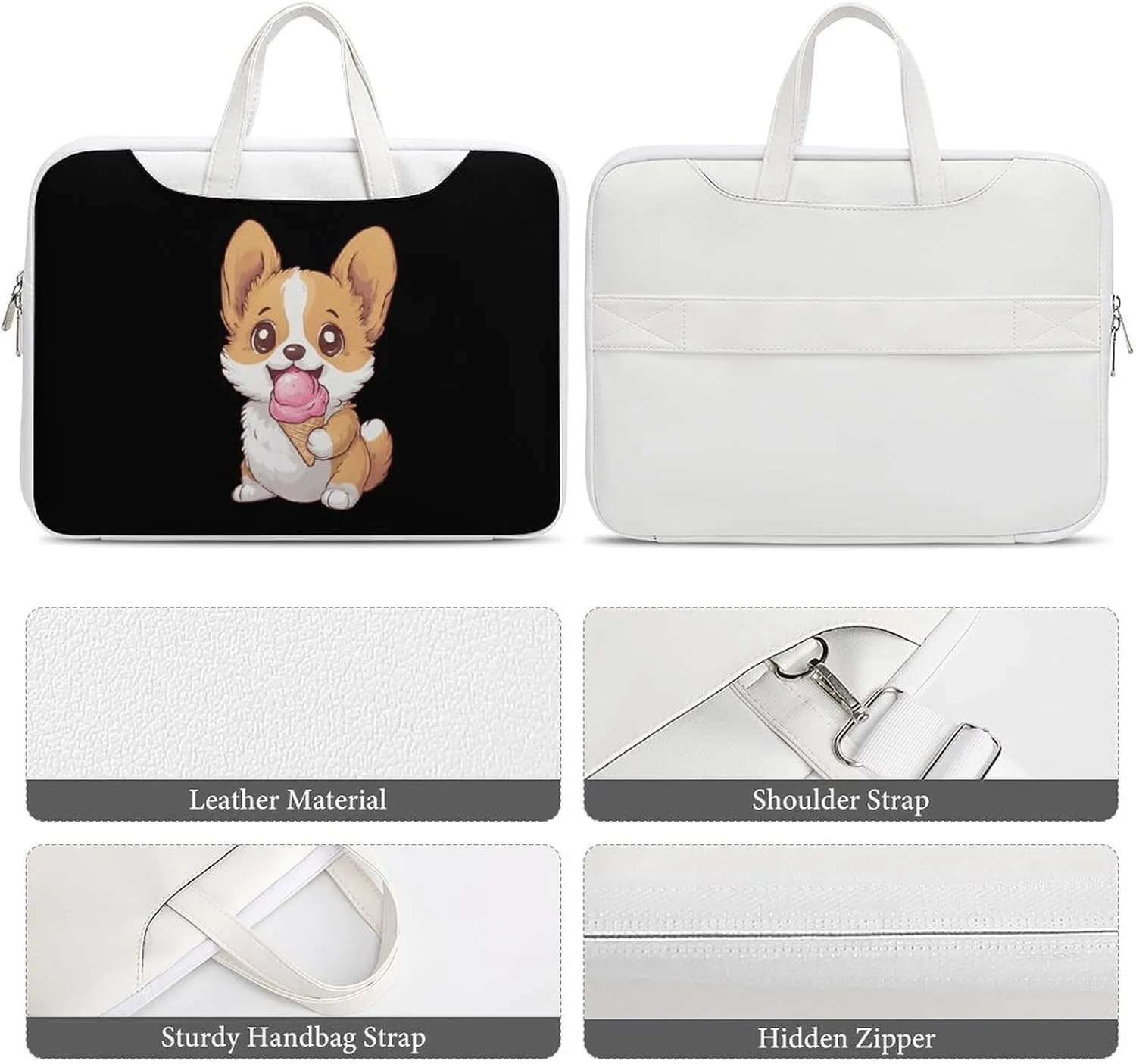 Corgi Puppy Eating Ice-cream Leather Bag Laptop Case Slim Water Resistant Computer Bags with Handle Briefcase for Work