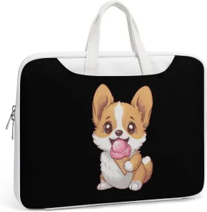Corgi Puppy Eating Ice-cream Leather Bag Laptop Case Slim Water Resistant Computer Bags with Handle Briefcase for Work