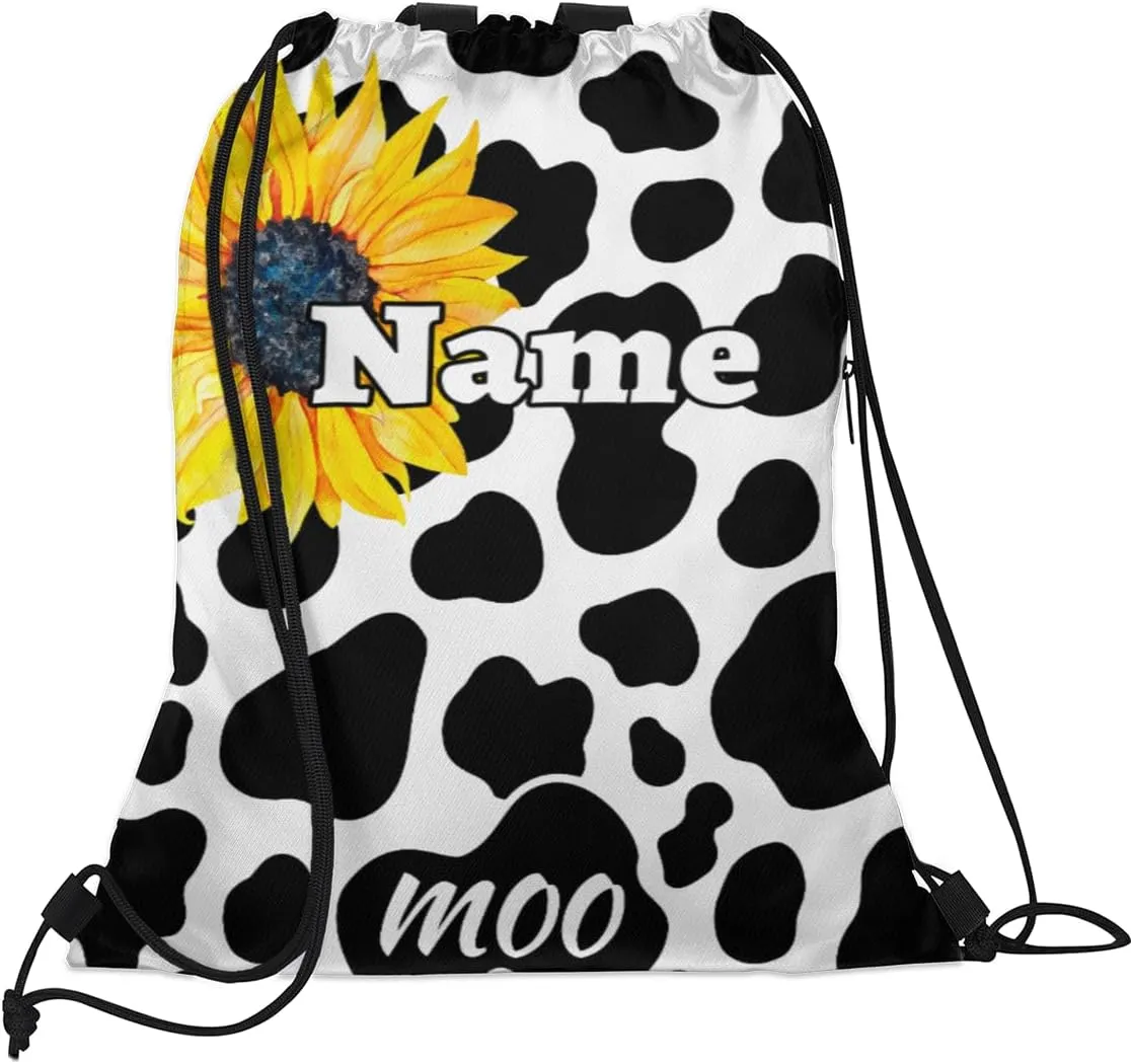 Cow Print Custom Drawstring Backpack Cow Sunflower Personalized Dance Bags Lightweight Backpacks for Men Women Birthday Gifts Mini Gym Sports Beach Swim Travel Drawstring Bag