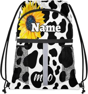 Cow Print Custom Drawstring Backpack Cow Sunflower Personalized Dance Bags Lightweight Backpacks for Men Women Birthday Gifts Mini Gym Sports Beach Swim Travel Drawstring Bag
