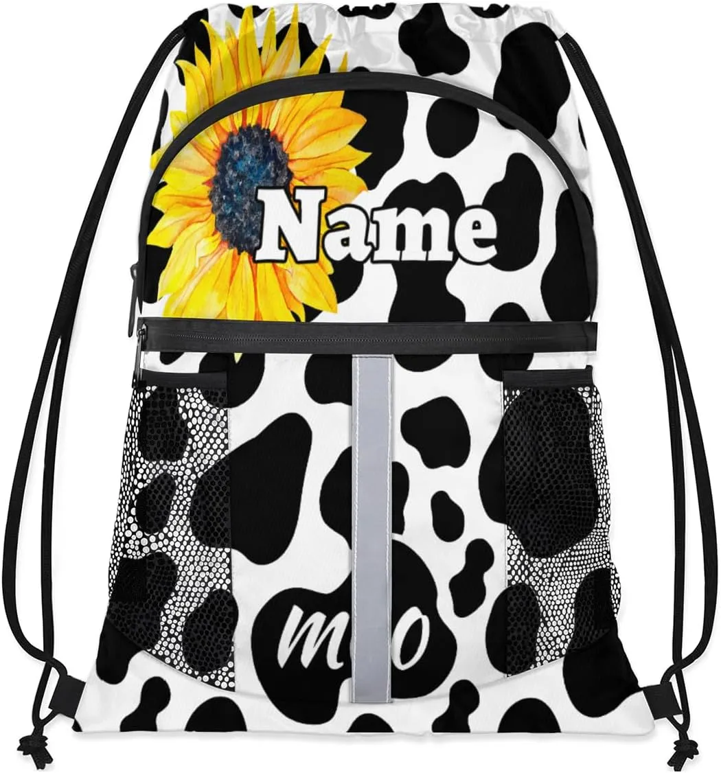 Cow Print Custom Drawstring Backpack Cow Sunflower Personalized Dance Bags Lightweight Backpacks for Men Women Birthday Gifts Mini Gym Sports Beach Swim Travel Drawstring Bag