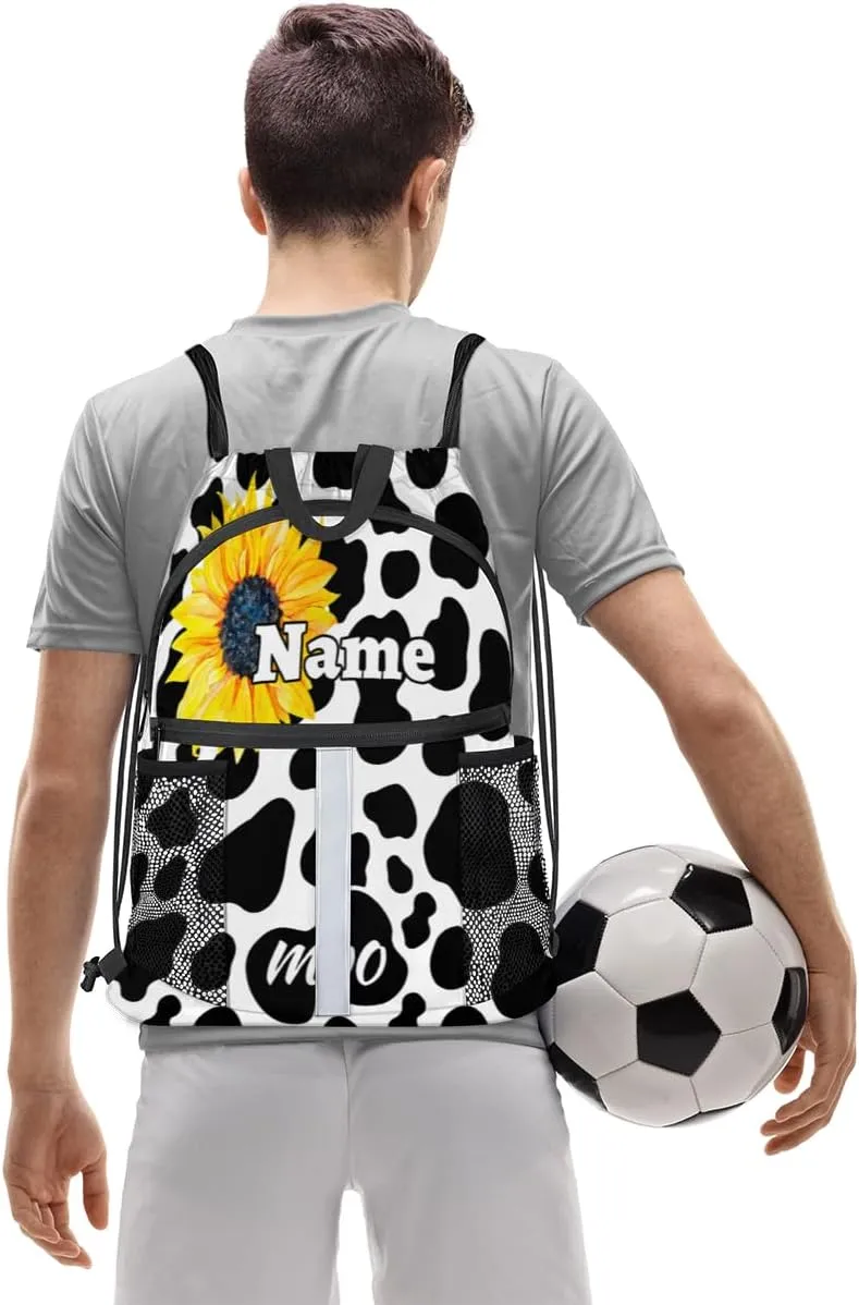 Cow Print Custom Drawstring Backpack Cow Sunflower Personalized Dance Bags Lightweight Backpacks for Men Women Birthday Gifts Mini Gym Sports Beach Swim Travel Drawstring Bag