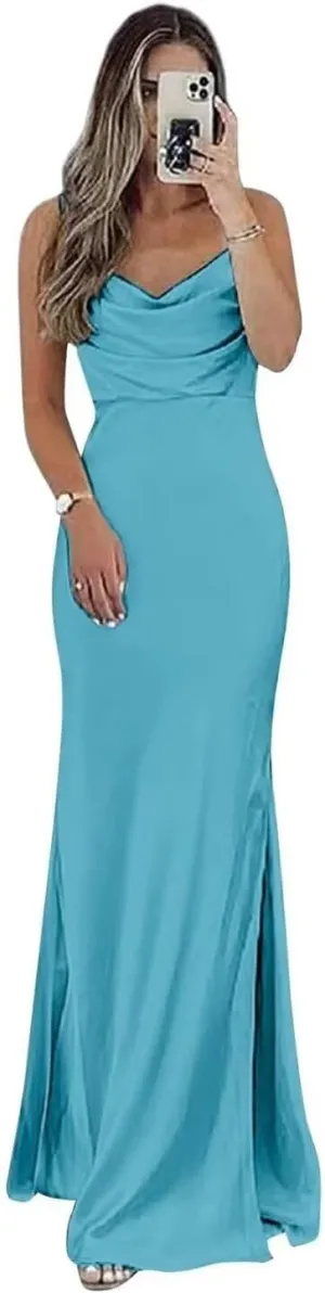 Cowl Neck Satin Bridesmaid Dresses Long Mermaid Prom Dress for Women Formal Evening Gown with Slit