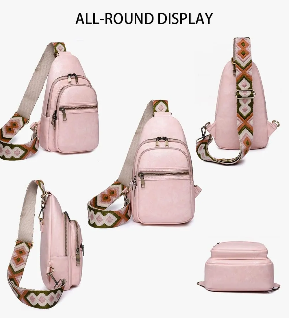 Crossbody Sling Bag Fanny Pack for Women Pu Leather Vintage Chest Bag Fashion Strap Zipper Sling Purse (Beige)