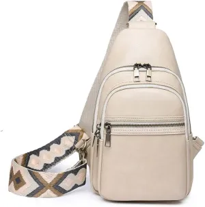 Crossbody Sling Bag Fanny Pack for Women Pu Leather Vintage Chest Bag Fashion Strap Zipper Sling Purse (Beige)