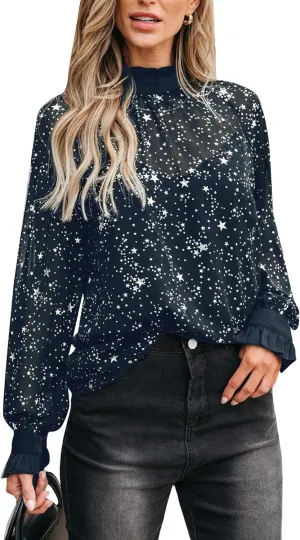 CUPSHE Women Blouses Star Print Semi-Sheer Ruffled Long Sleeve Mock Neck Shirt Dressy Party