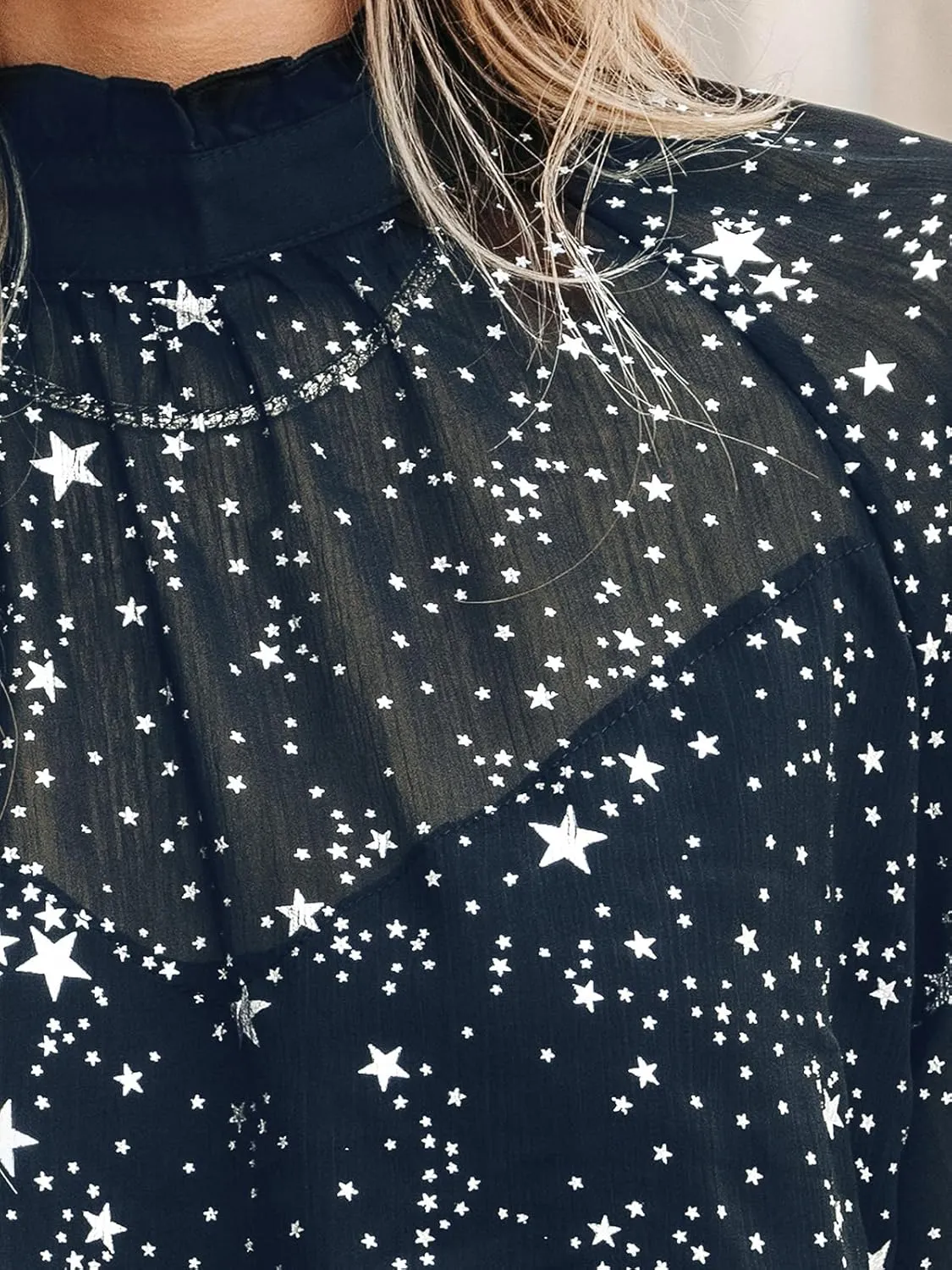 CUPSHE Women Blouses Star Print Semi-Sheer Ruffled Long Sleeve Mock Neck Shirt Dressy Party