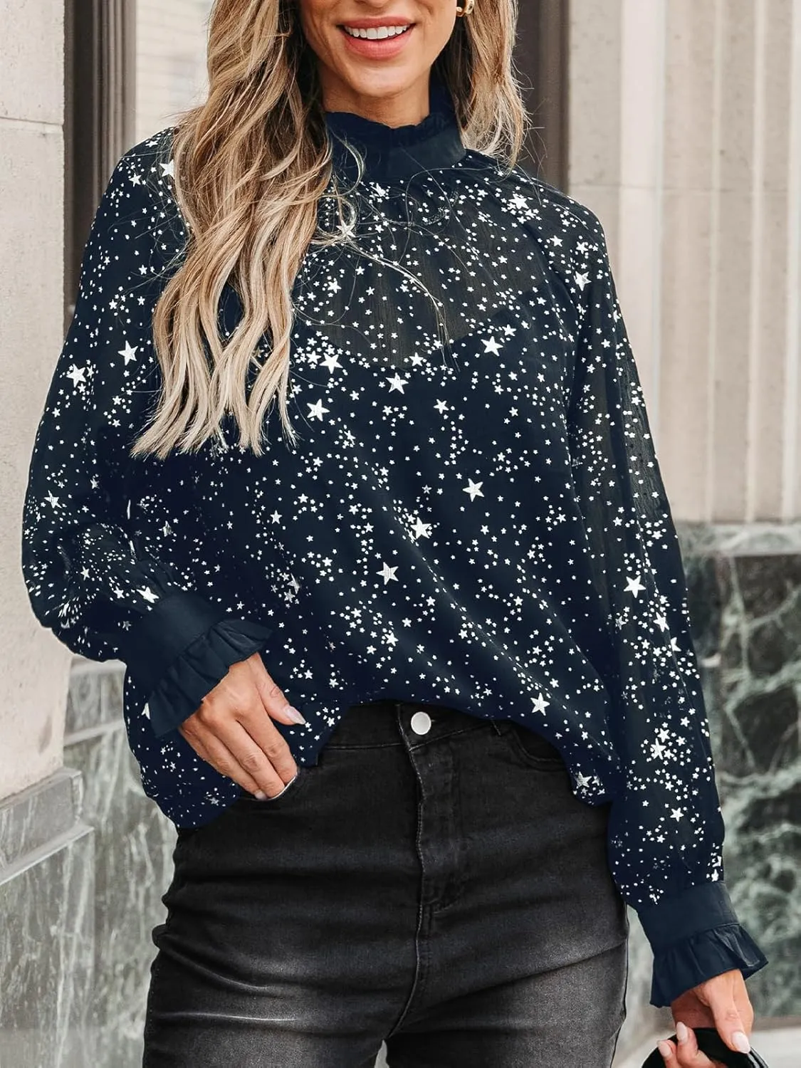 CUPSHE Women Blouses Star Print Semi-Sheer Ruffled Long Sleeve Mock Neck Shirt Dressy Party